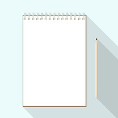 top view of flat vector design pencil and notebook with blank white sheet on background with long shadow effect