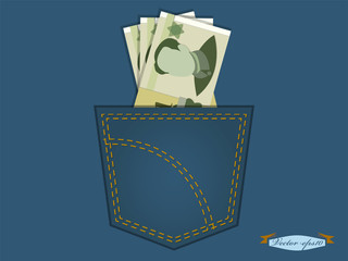 graphic design vector illustration of Chinese yuan in the pocket of blue jeans
