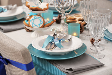 Beautiful table setting for Hanukkah, closeup
