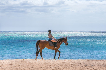 Woman riding a horse on Idyllic beach on the coast of Mauritius
