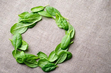 Fresh Baby spinach leaves on sackcloth background. Top view with copy space, round circle frame. Healthy, Ecology concept
