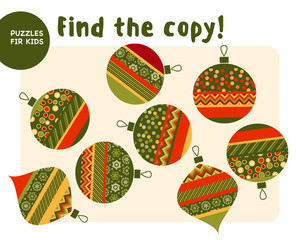 Christmas colorful baubles set in patchwork style. Kid mind game