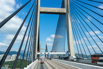 Fototapeta premium Passing through the Suspension Kap Shui Mun bridge in Hong Kong