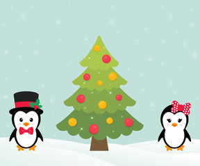 cute penguin set and christmas fir tree