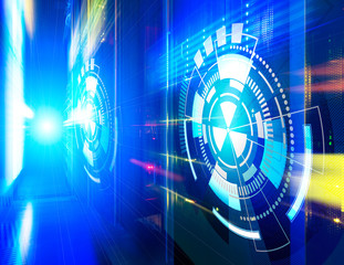 futuristic look of the room with the mainframe in the data cente