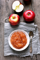 Apple jam and fresh fruits, top view