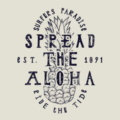 spread the aloha vintage label print with pineapple drawing and a lot of letterings. © Handdraw
