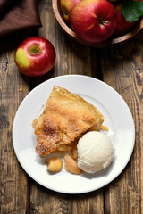 Piece of apple pie served with ice cream, fruit baking