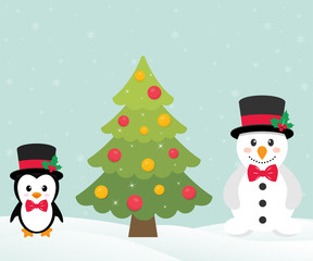 cute penguin with christmas fir tree and snowman