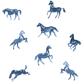 Fototapeta Watercolor hand painting horses pattern. Hand drawing background. Set of silhouette horses in motion rearing horse, running horse illustration.