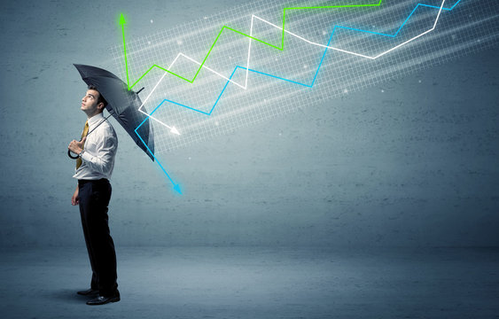 Business person with umbrella and stock market arrows concept