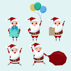 Set of cute santa claus character for christmas. Cartoon Vector Illustration.