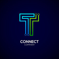  Letter T logotype green and blue color,Technology and digital abstract dot connection vector logo - obrazy, fototapety, plakaty