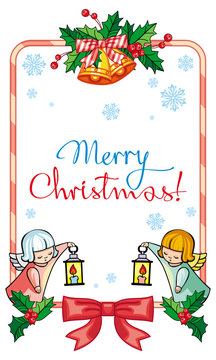 Christmas label with angels and artistic written text: "Merry Christmas!". 
