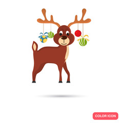 Christmas deer with toys color icon. Flat design for web and mobile