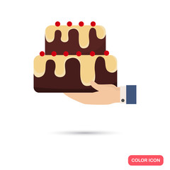 Birthday cake in hand color icon. Flat design for web and mobile