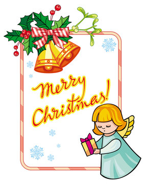 Christmas label with angels and artistic written text: "Merry Christmas!". 