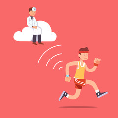 Man running jogging with a wrist smartwatch