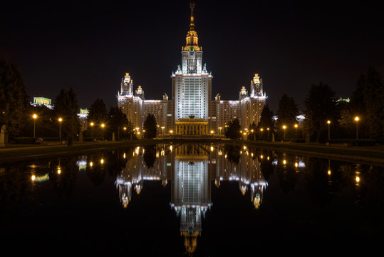Reflection of the Moscow State University building by night, Moscow, Russian Federation