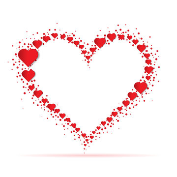 Romantic heart shaped frame with paper cut red hearts and red confetti on white background. Vector illustration.