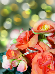 Wedding rings on Begonia flowers. Wedding bouquet and rings.