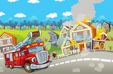 Cartoon stage with truck for firefighting - colorful and cheerful scene - illustration for children
