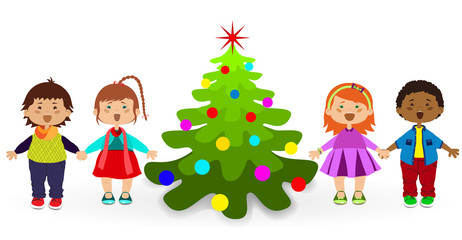 Obraz na płótnie Canvas Children near a fir-tree sing about Christmas