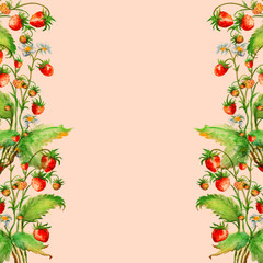 Fototapeta premium Watercolor card, invitation, frame with vintage pattern strawberries. Red berry. Vintage drawing. 
