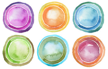 Circle watercolor painted button background. Isolated.
