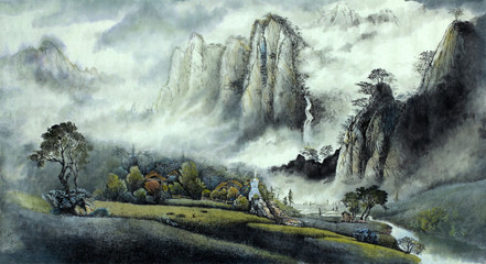 Chinesischer Landschaftsnebelwasserfall und -berge © hikolaj2