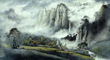 Chinesischer Landschaftsnebelwasserfall und -berge © hikolaj2