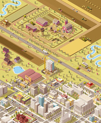 Vector isometric low poly farm and city © Taras Livyy