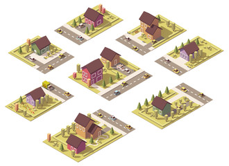 Vector isometric low poly suburban buildings