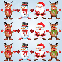 Obraz premium Christmas poster design with snowman characters.Santa Claus.Happy Christmas companions.Vector Christmas.Seamless holiday background .
