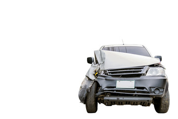 Conditions of demolished cars accident isolated on white background.