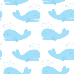 Cute background with cartoon blue whales. Baby shower design. Seamless pattern can be used for wallpapers, pattern fills, surface textures