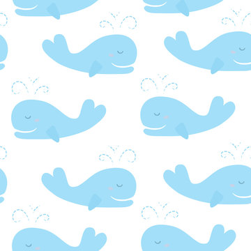 Cute background with cartoon blue whales. Baby shower design. Seamless pattern can be used for wallpapers, pattern fills, surface textures
