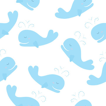 Cute background with cartoon blue whales. Baby shower design. Seamless pattern can be used for wallpapers, pattern fills, surface textures
