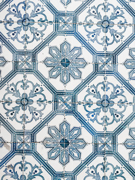 Blue azulejos, old tiles in the Old Town of Lisbon, Portugal