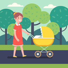 Smiling mother with her baby child in stroller