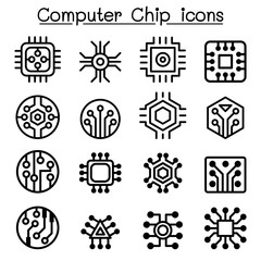 Computer Chips and Electronic Circuit icons in thin line style