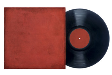 Image of a vinyl record with a grungy red cover and label on a white background. Space for copy. 