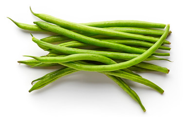 Green beans isolated on white, from above