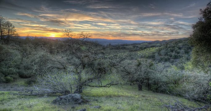 Sunset Landscape. Springtime in the rolling hills of Sonoma County, California.