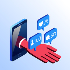 Isometric smartphone hand with notifications