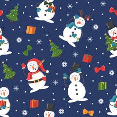 Seamless Christmas pattern with snowman, gifts and snowfall