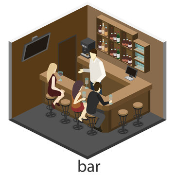 Isometric 3D flat interior of bar or pub.