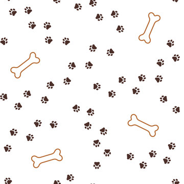 Pet dog theme seamless pattern with animal paw footprints paths and bones