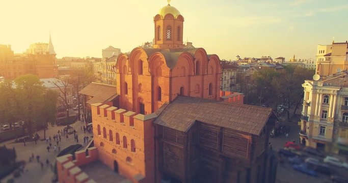 360 Degree Panorama. 4K Aerial Drone Flight Footage: Picturesque View of Famous Golden Gates in Kiev - one the most visited touristic places of the city. Camera turns left and makes circled around