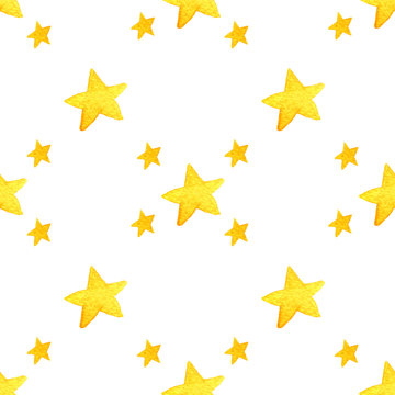 Yellow watercolor stars background. illustration for greeting card, sticker, poster, banner. Isolated on white .